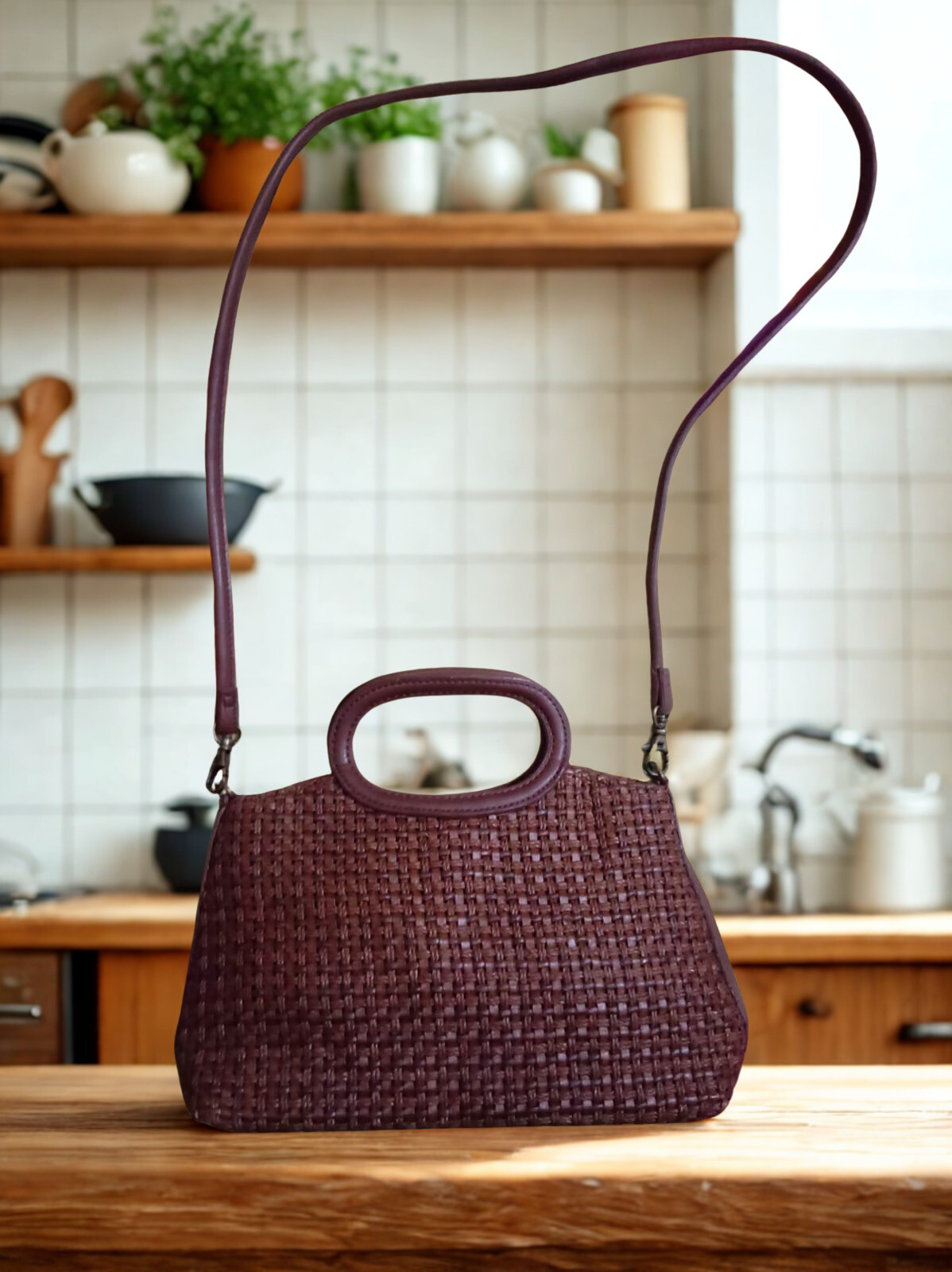 Woven Burgundy Top Handle & Crossbody Bag