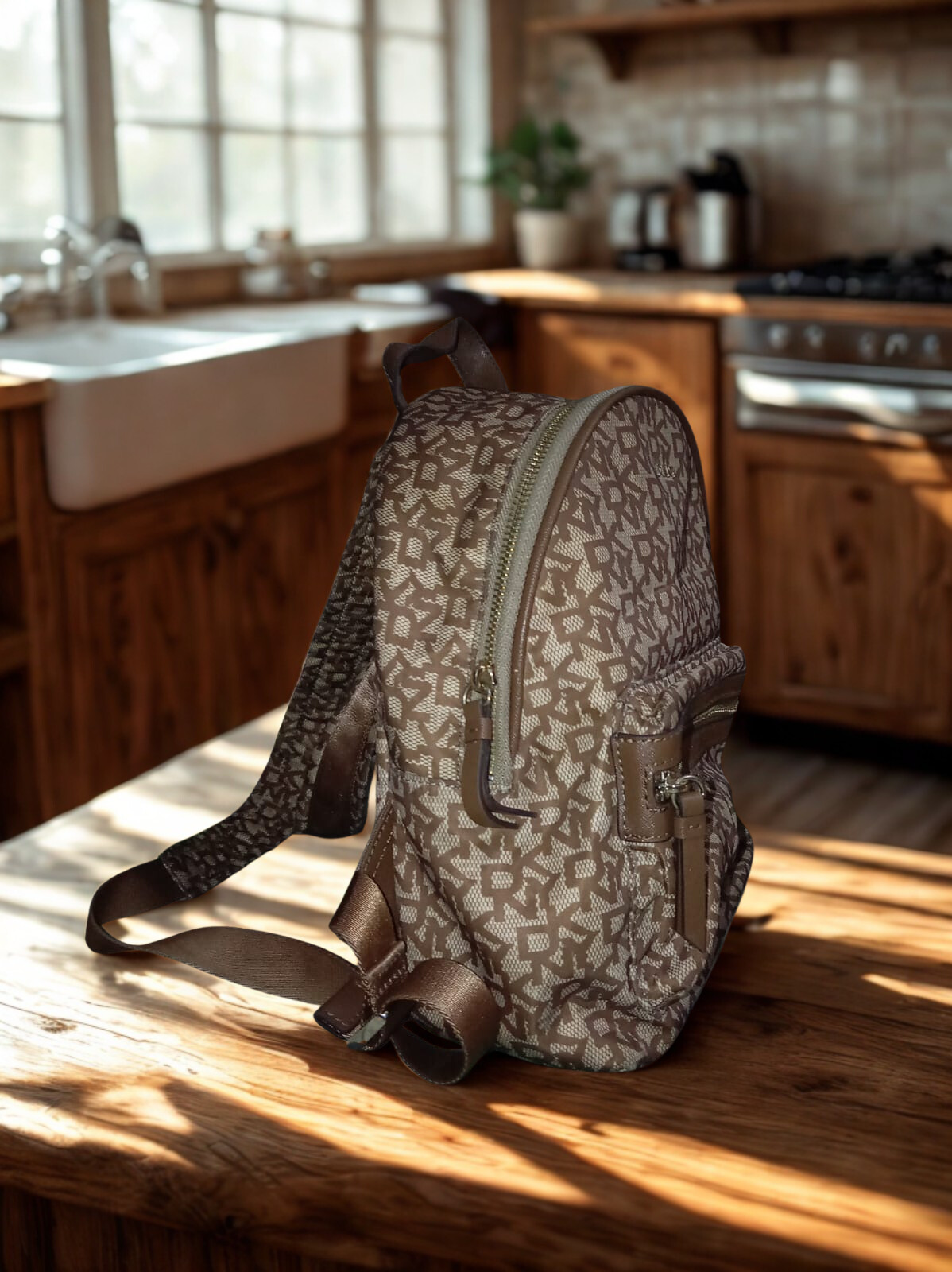 DKNY Brown Monogram Mini Backpack