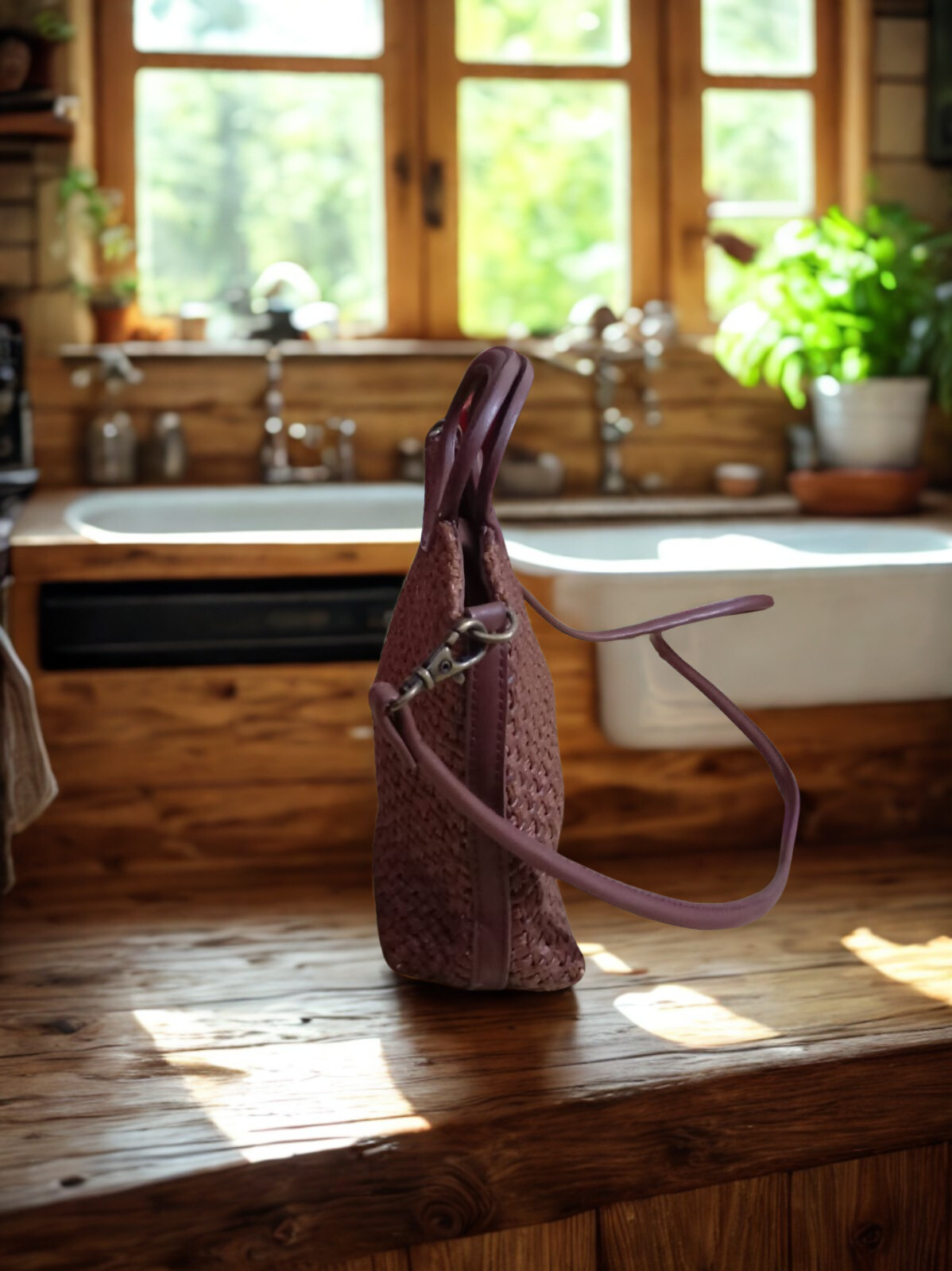 Woven Burgundy Top Handle & Crossbody Bag - Image 4