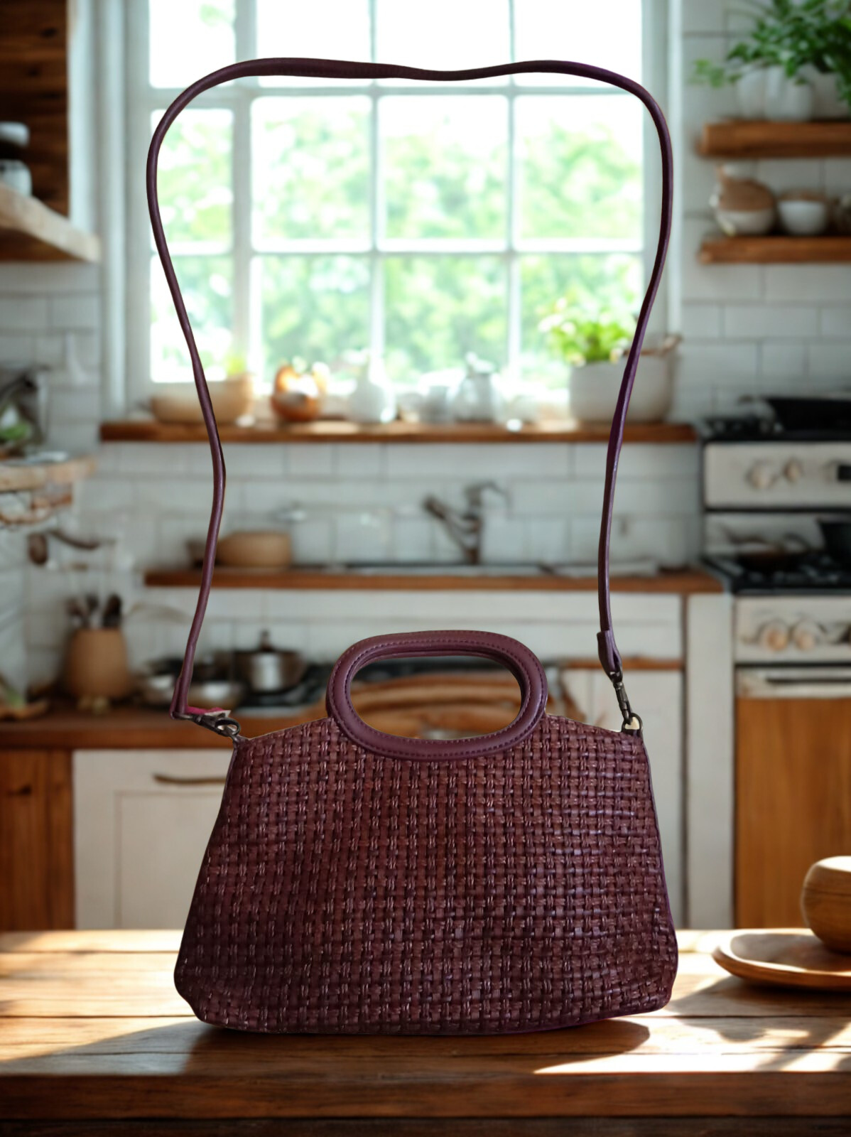 Woven Burgundy Top Handle & Crossbody Bag - Image 3
